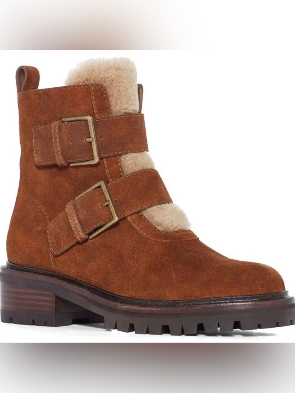 PAIGE Bridget Caramel Suede Shearling-Trim Ankle Booties